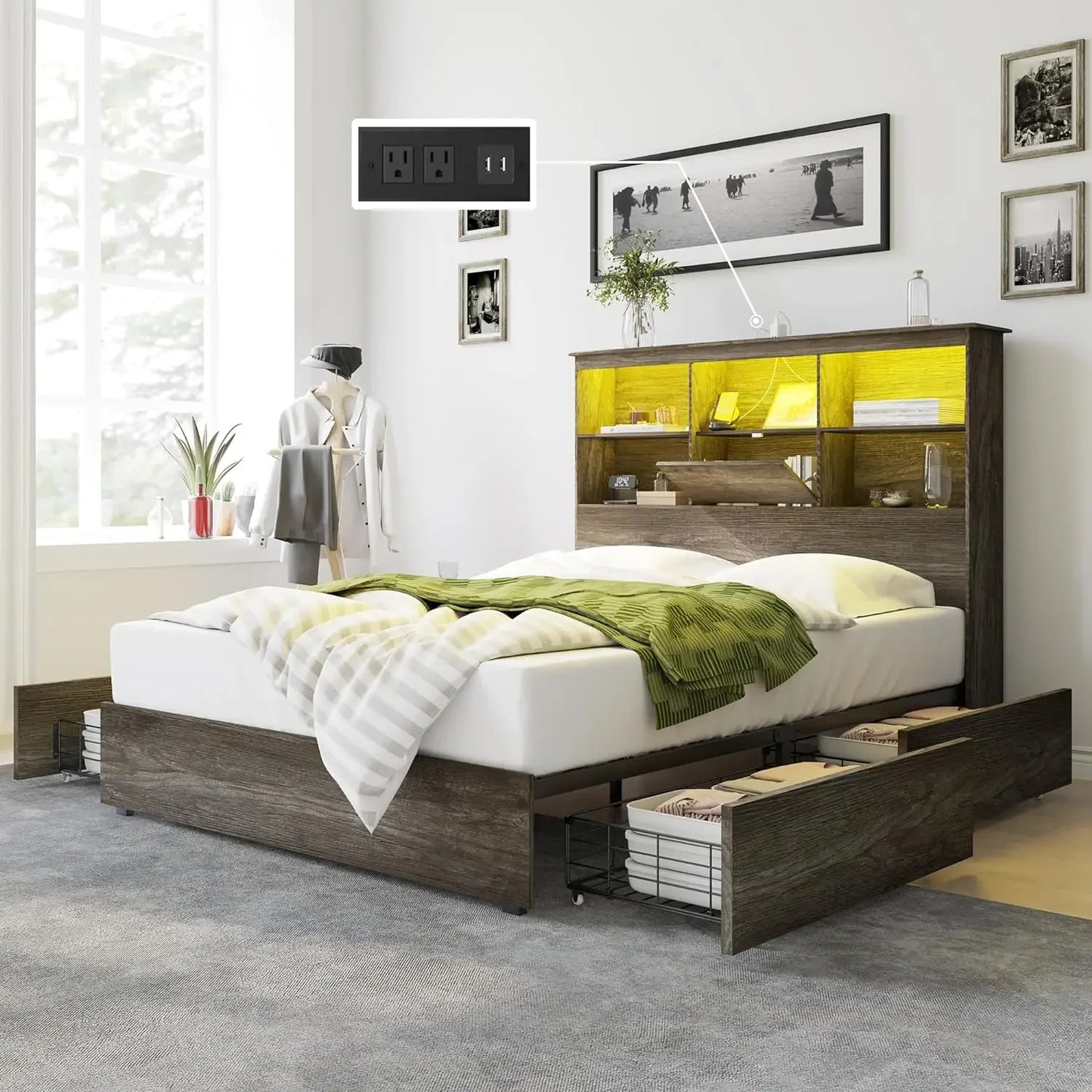 Bed Frame with LED Bookcase Headboard, 4 Storage Drawers & Charging Station, King or queen various shades