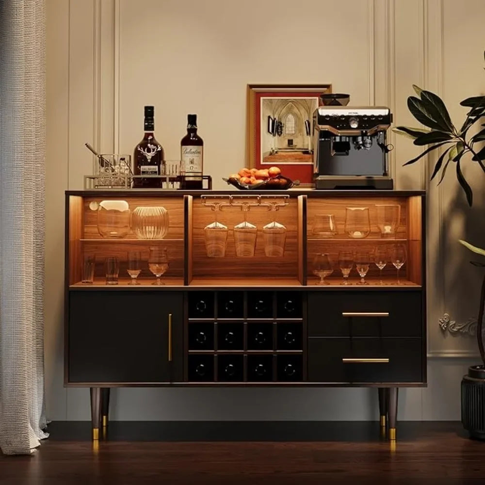 Bar Cabinet, 47 inch Walnut - Modern Cabinet with LED Light and Charging Station. Also in white or black