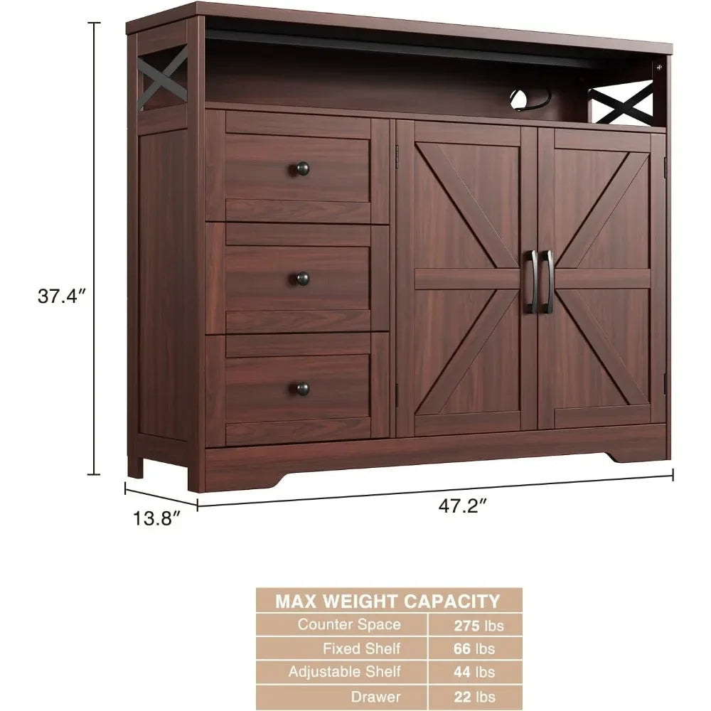 47" Farmhouse Storage Cabinet with Barn Doors & Drawers, Sideboard Buffet Cabinet with Storage.