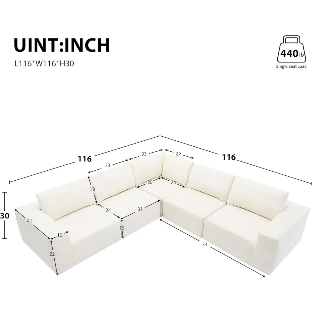 116 × 116'' Modular Sectional Couch, Modern L-Shape Floor Sofa