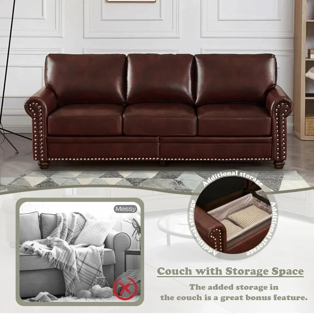 2-Piece Comfy Upholstered PU Leather Sofa Couch Set, Mid-Century Modern Loveseat Sofa+3 Seater Couch with Storage Space