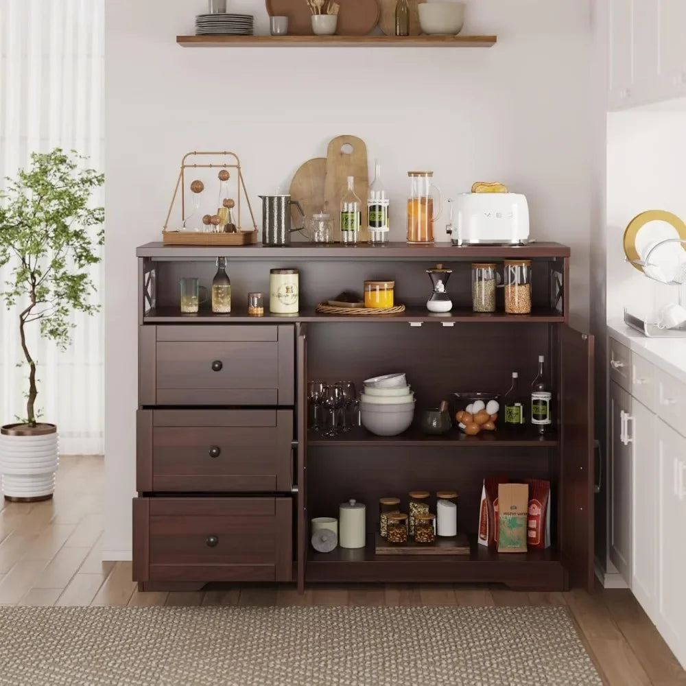 47" Farmhouse Storage Cabinet with Barn Doors & Drawers, Sideboard Buffet Cabinet with Storage.