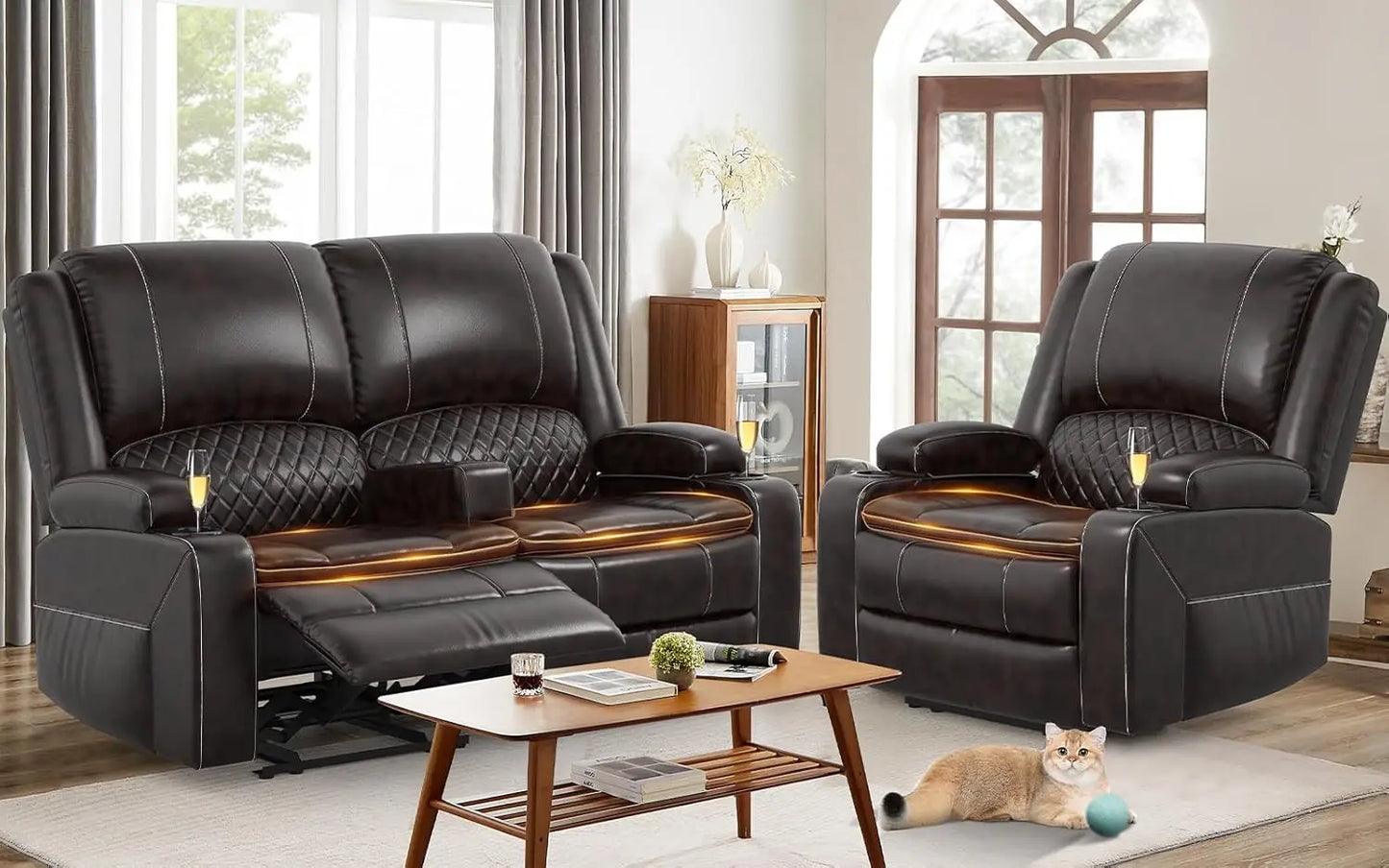 Reclining Love seat with Removable Armrest, Faux Leather