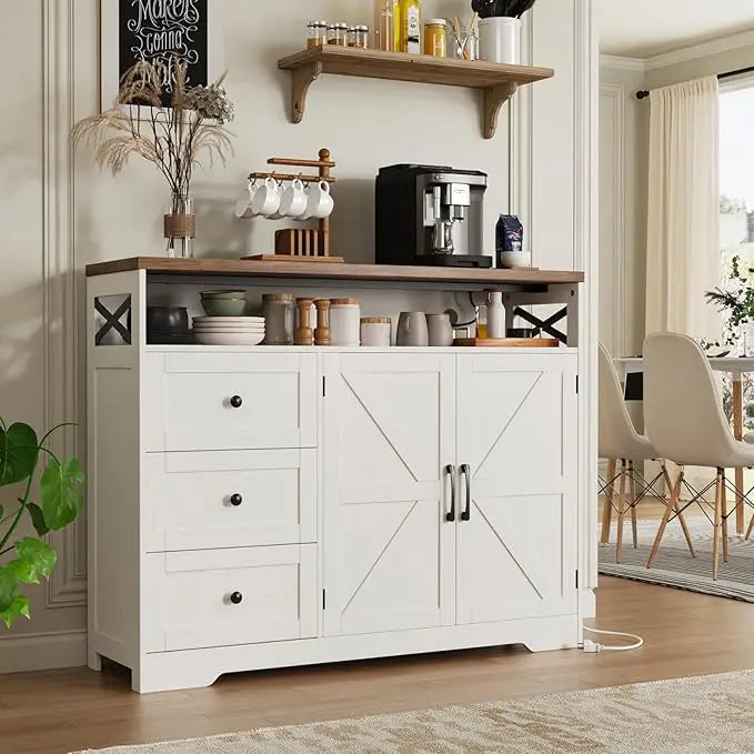 47" Farmhouse Storage Cabinet with Barn Doors & Drawers, Sideboard Buffet Cabinet with Storage.