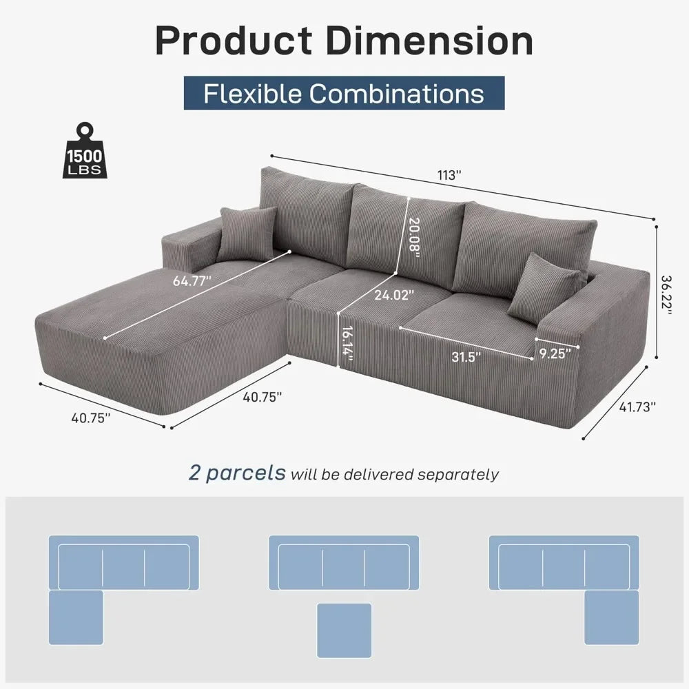 113'' 3 Seater L-Shaped Lounge Cloud Couch-No Assembly Modular Corduroy Convertible Sponge Compression Sofa