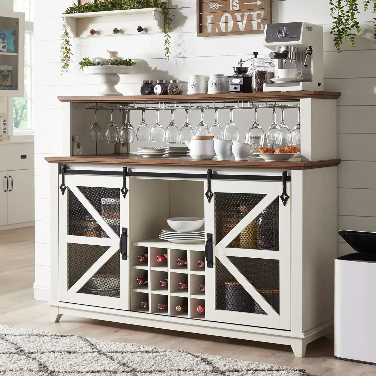 Wine Bar Cabinet W/Sliding Barn Door & Wine and Glass Rack with LED Lighting, various shades