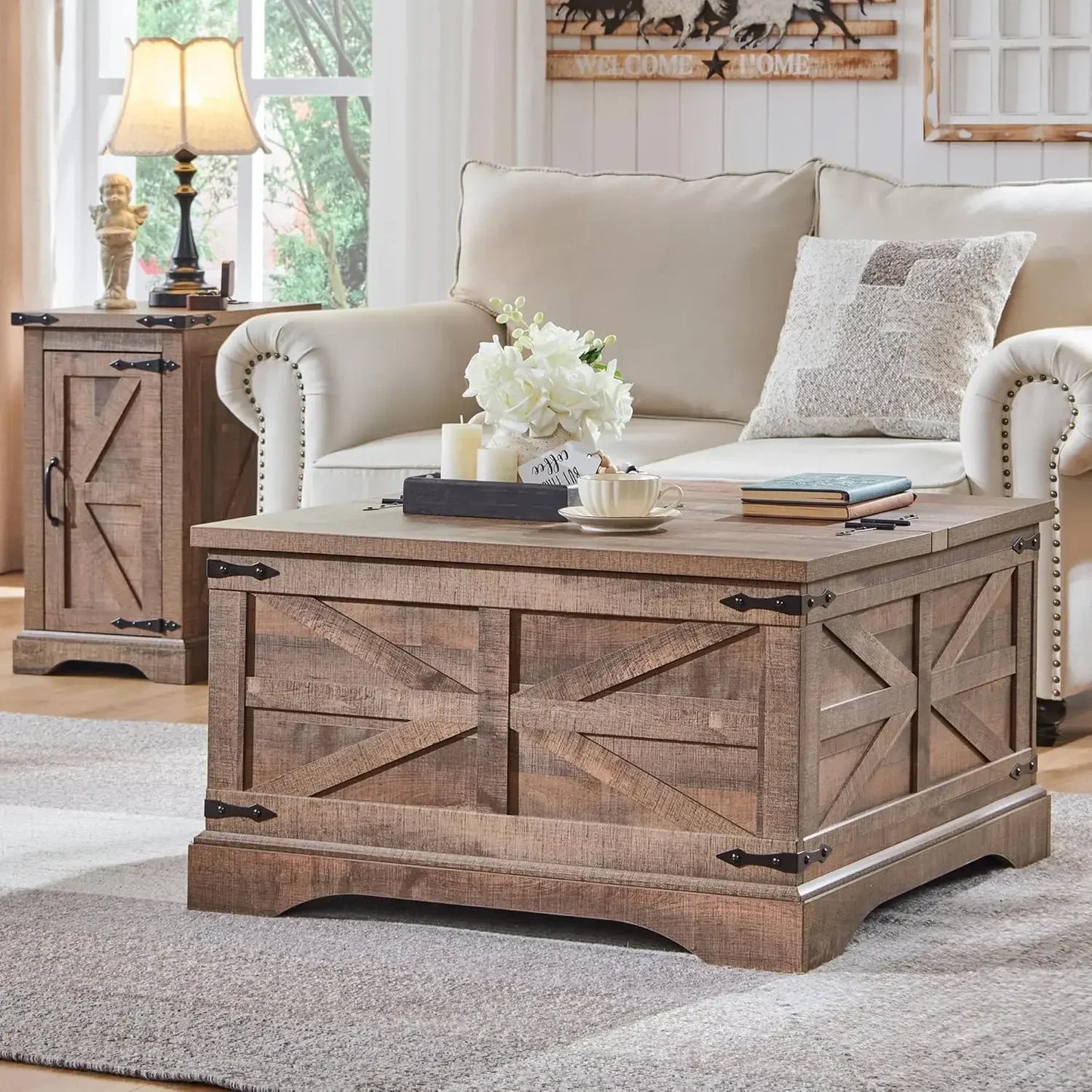 Coffee Table, Square Wood Center Table with Large Hidden Storage Compartment for Living Room