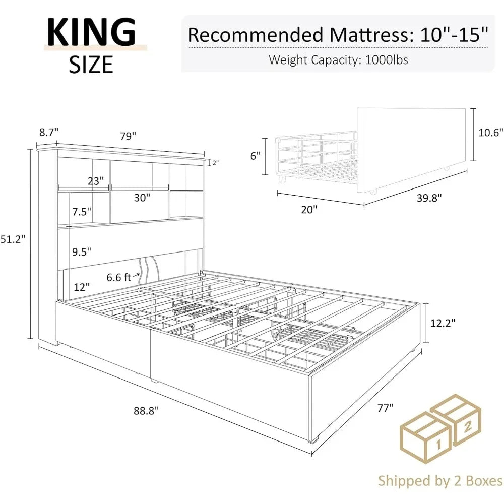 Bed Frame with LED Bookcase Headboard, 4 Storage Drawers & Charging Station, King or queen various shades