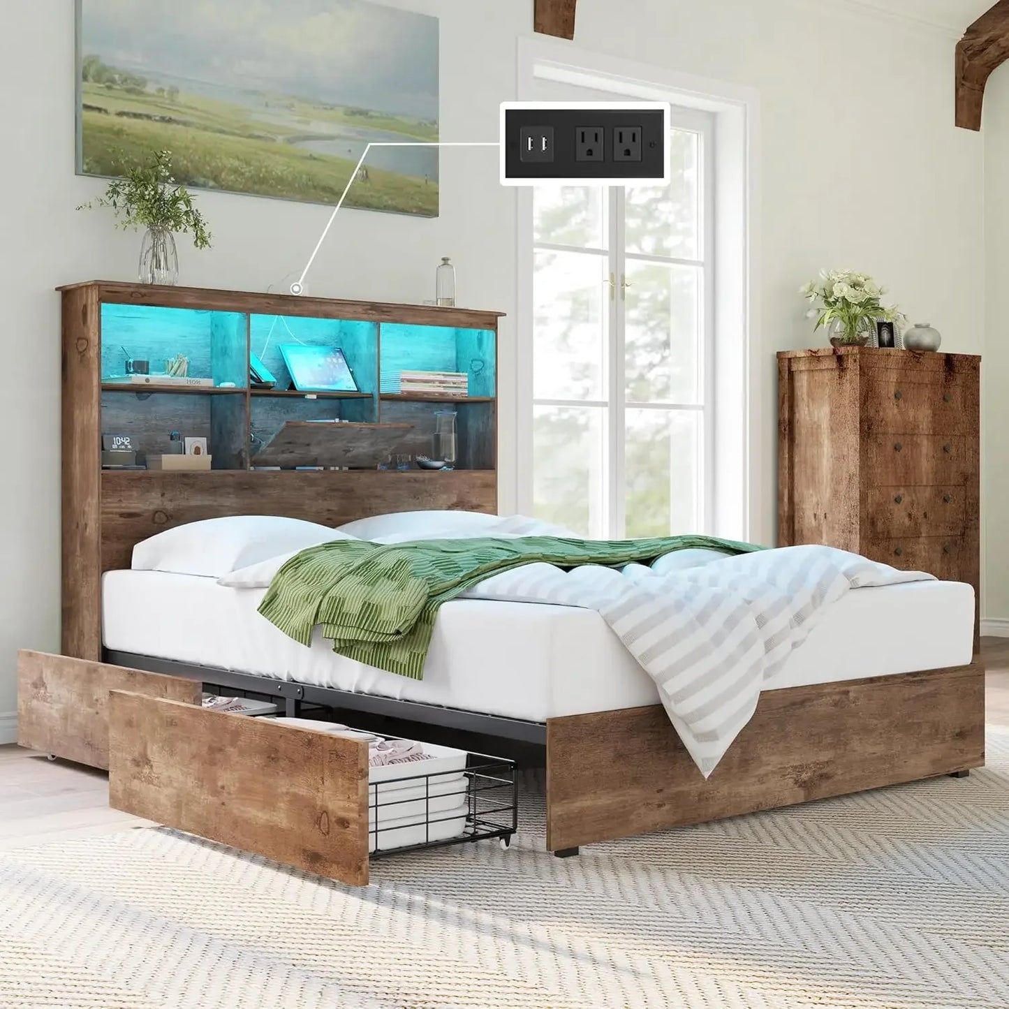 Bed Frame with LED Bookcase Headboard, 4 Storage Drawers & Charging Station, King or queen various shades