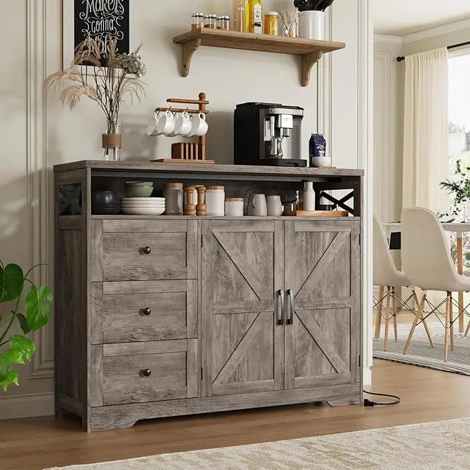 47" Farmhouse Storage Cabinet with Barn Doors & Drawers, Sideboard Buffet Cabinet with Storage.