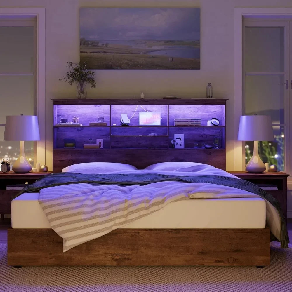 Bed Frame with LED Bookcase Headboard, 4 Storage Drawers & Charging Station, King or queen various shades