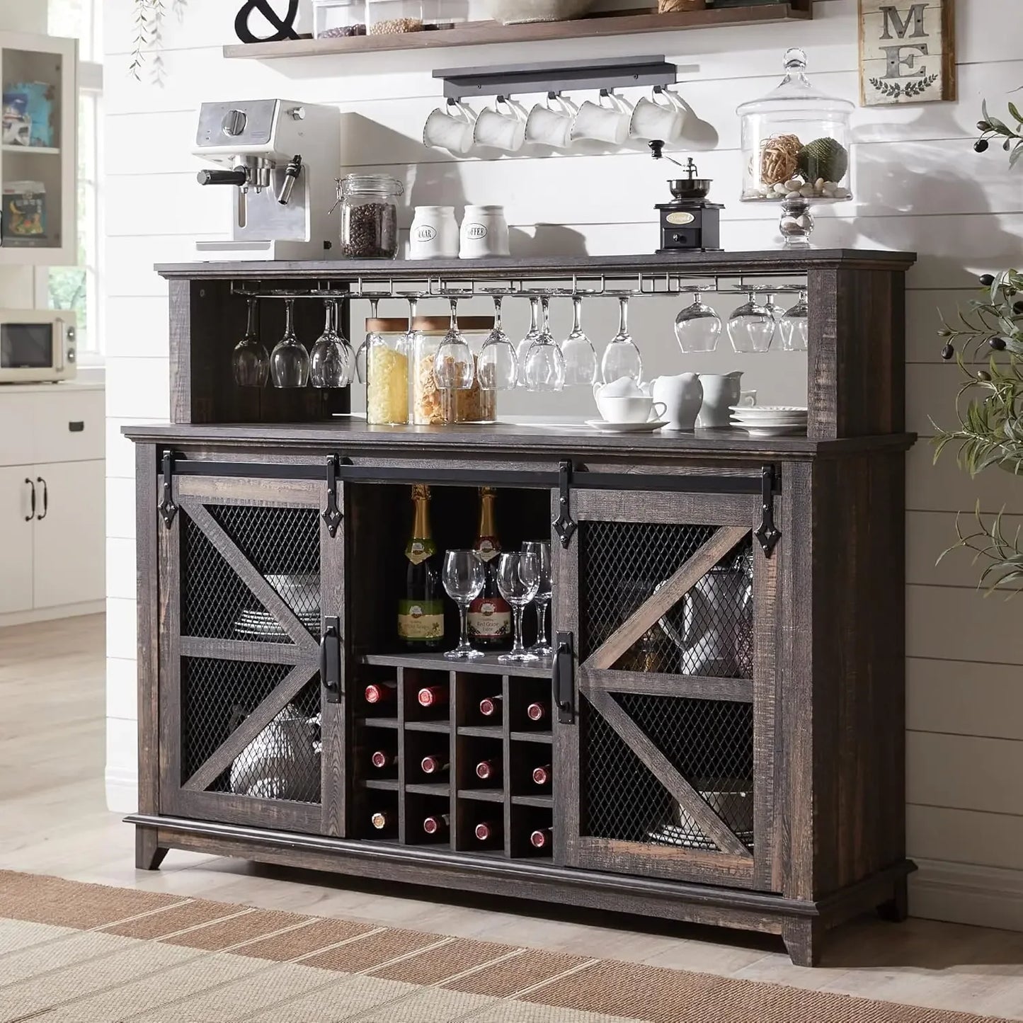 Wine Bar Cabinet W/Sliding Barn Door & Wine and Glass Rack with LED Lighting, various shades