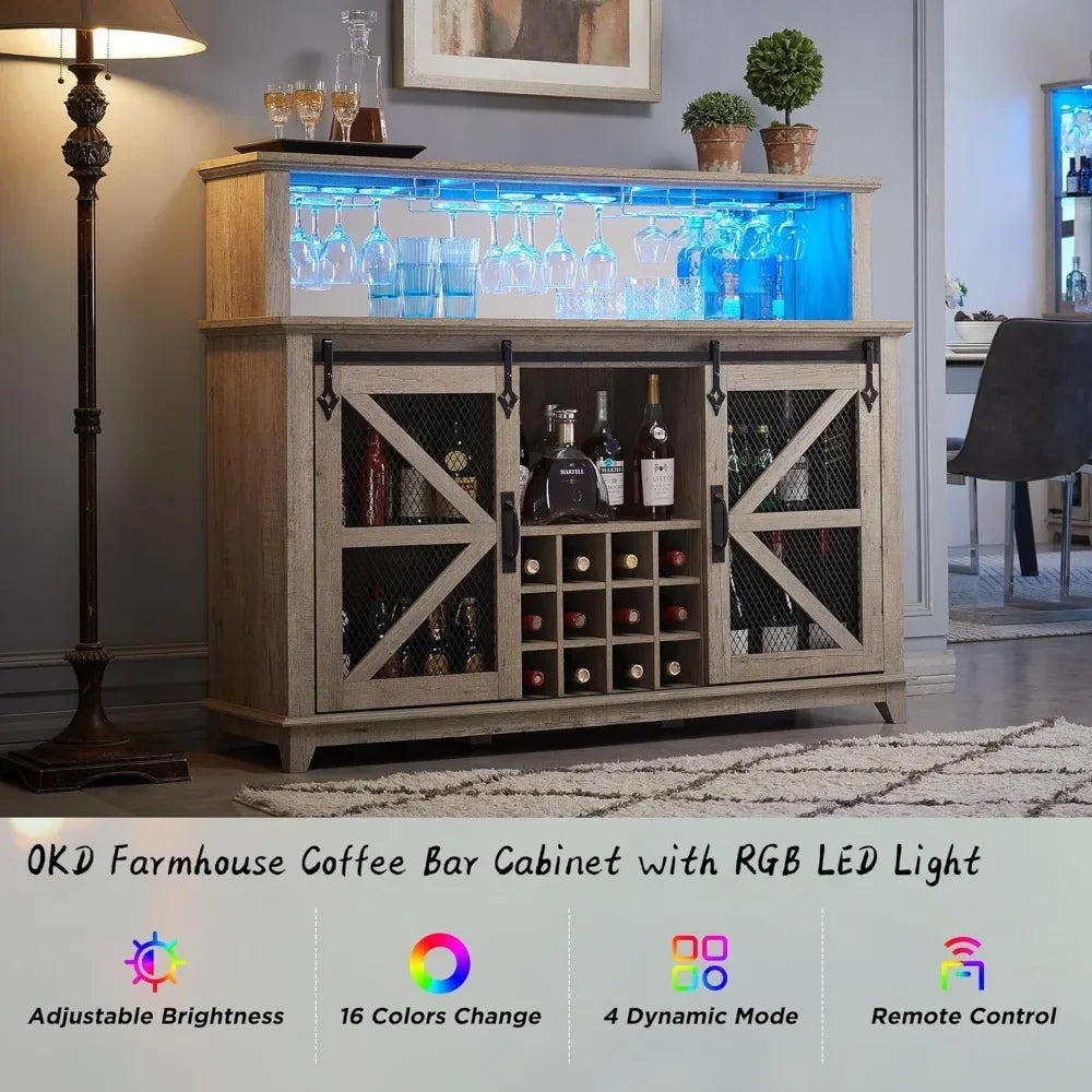 Wine Bar Cabinet W/Sliding Barn Door & Wine and Glass Rack with LED Lighting, various shades