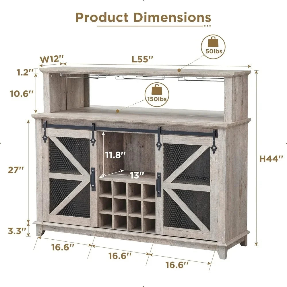 Wine Bar Cabinet W/Sliding Barn Door & Wine and Glass Rack with LED Lighting, various shades