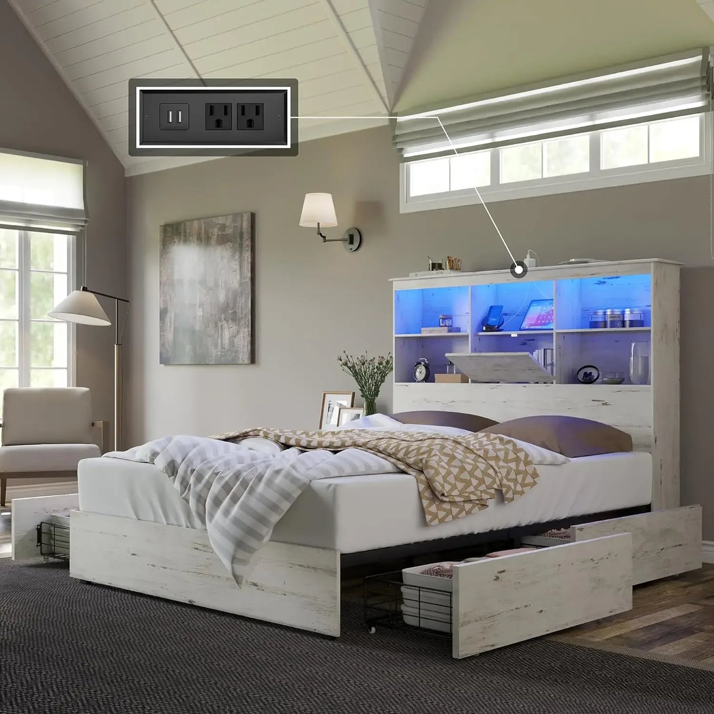 Bed Frame with LED Bookcase Headboard, 4 Storage Drawers & Charging Station, King or queen various shades