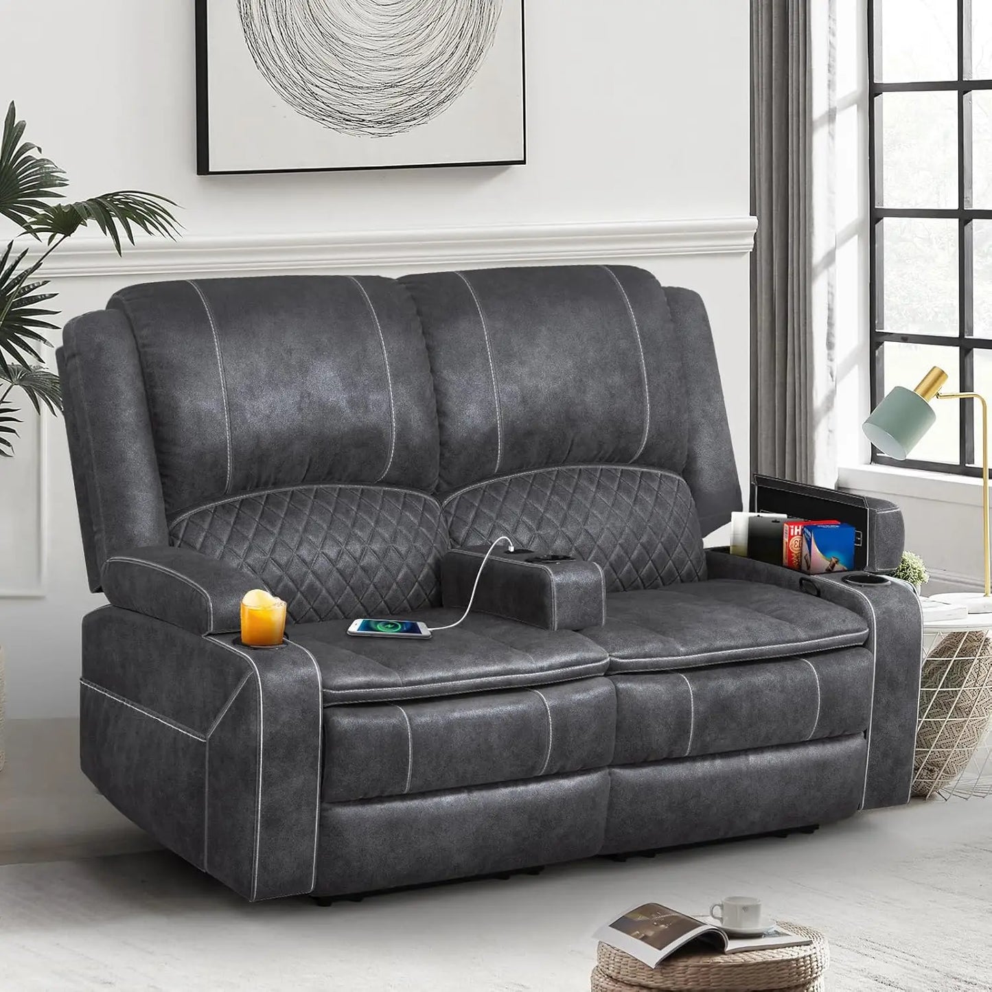 Reclining Love seat with Removable Armrest, Faux Leather