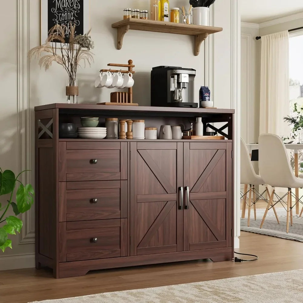 47" Farmhouse Storage Cabinet with Barn Doors & Drawers, Sideboard Buffet Cabinet with Storage.