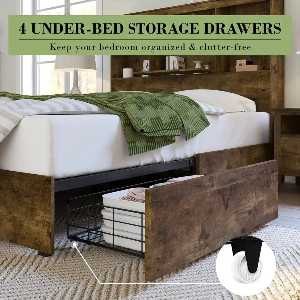 Bed Frame with LED Bookcase Headboard, 4 Storage Drawers & Charging Station, King or queen various shades