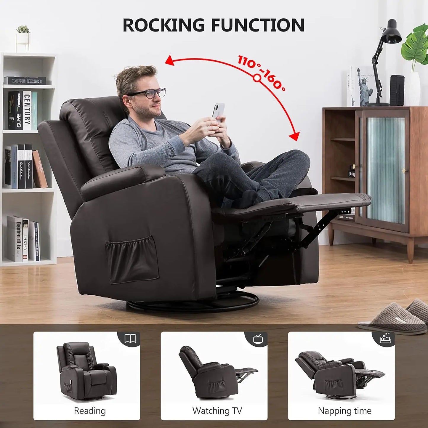 Leather Recliner Chair Modern Rocker with Heated Massage