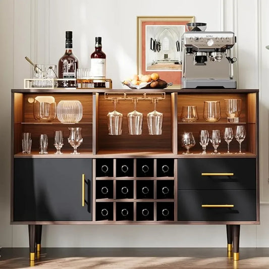 Bar Cabinet, 47 inch Walnut - Modern Cabinet with LED Light and Charging Station. Also in white or black