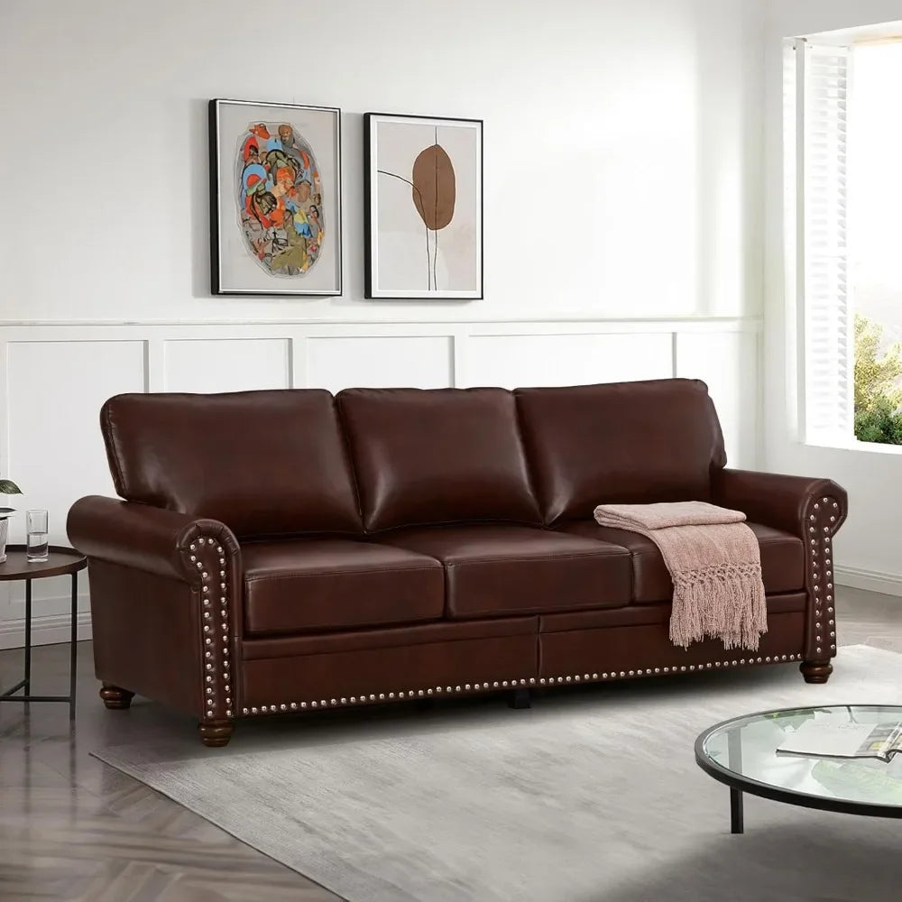 2-Piece Comfy Upholstered PU Leather Sofa Couch Set, Mid-Century Modern Loveseat Sofa+3 Seater Couch with Storage Space