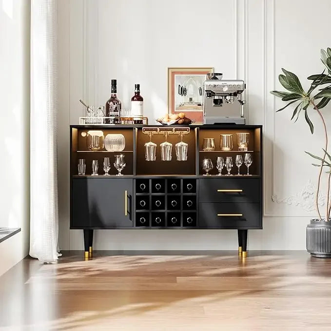 Bar Cabinet, 47 inch Walnut - Modern Cabinet with LED Light and Charging Station. Also in white or black