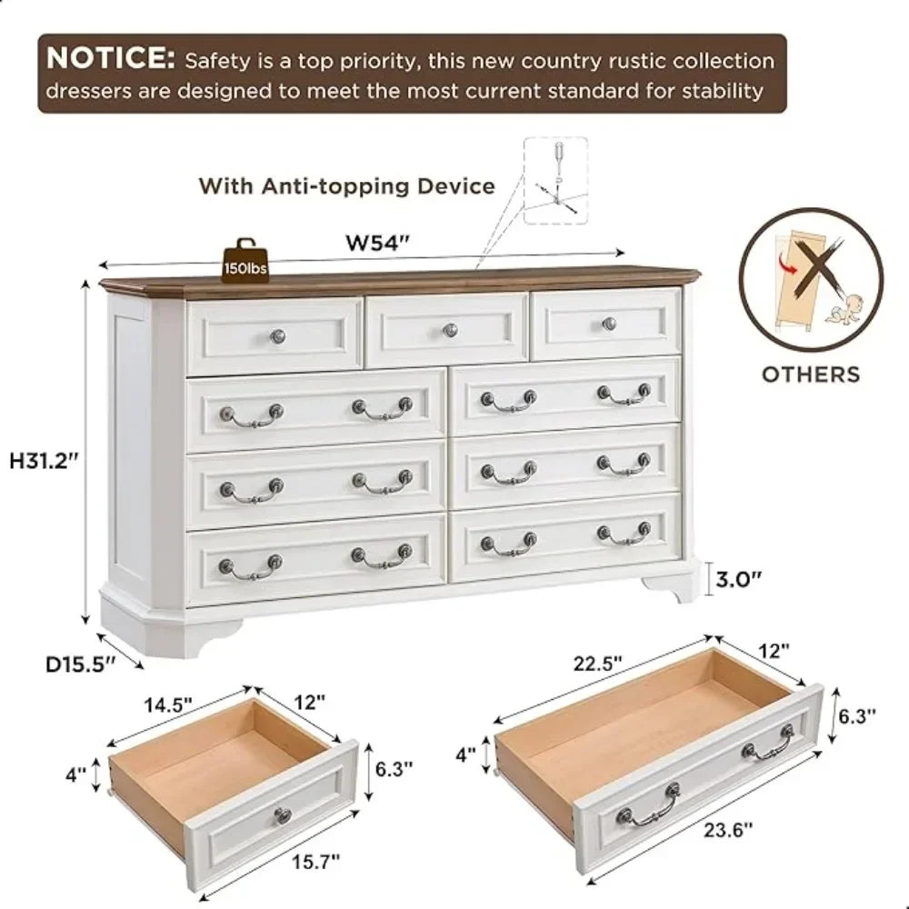 Farmhouse Dresser 54" Wide, various colors and drawer arrangements